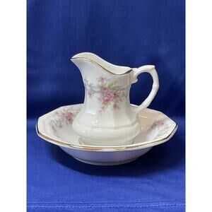 Miniature Lefton Porcelain Pitcher and Bowl Pink Flower